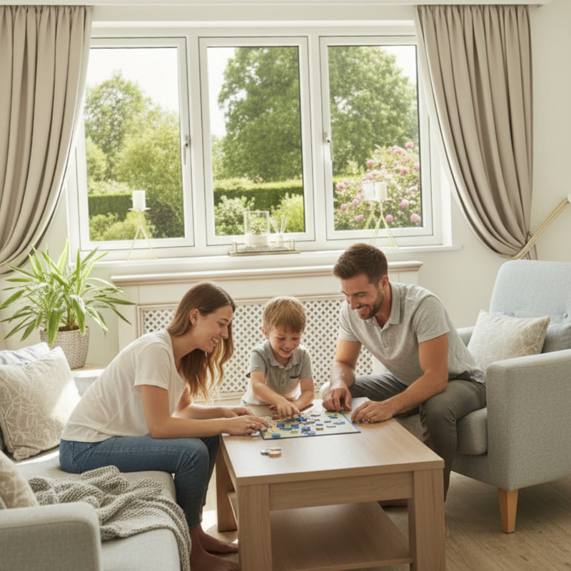 A family is playing games by the window.