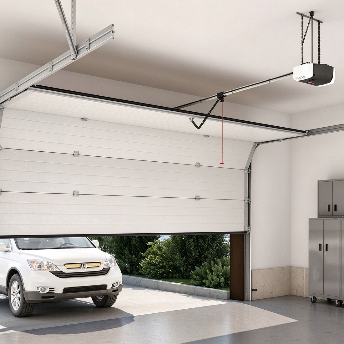 White sectional garage door with overhead tracks and automatic opener in a residential garage