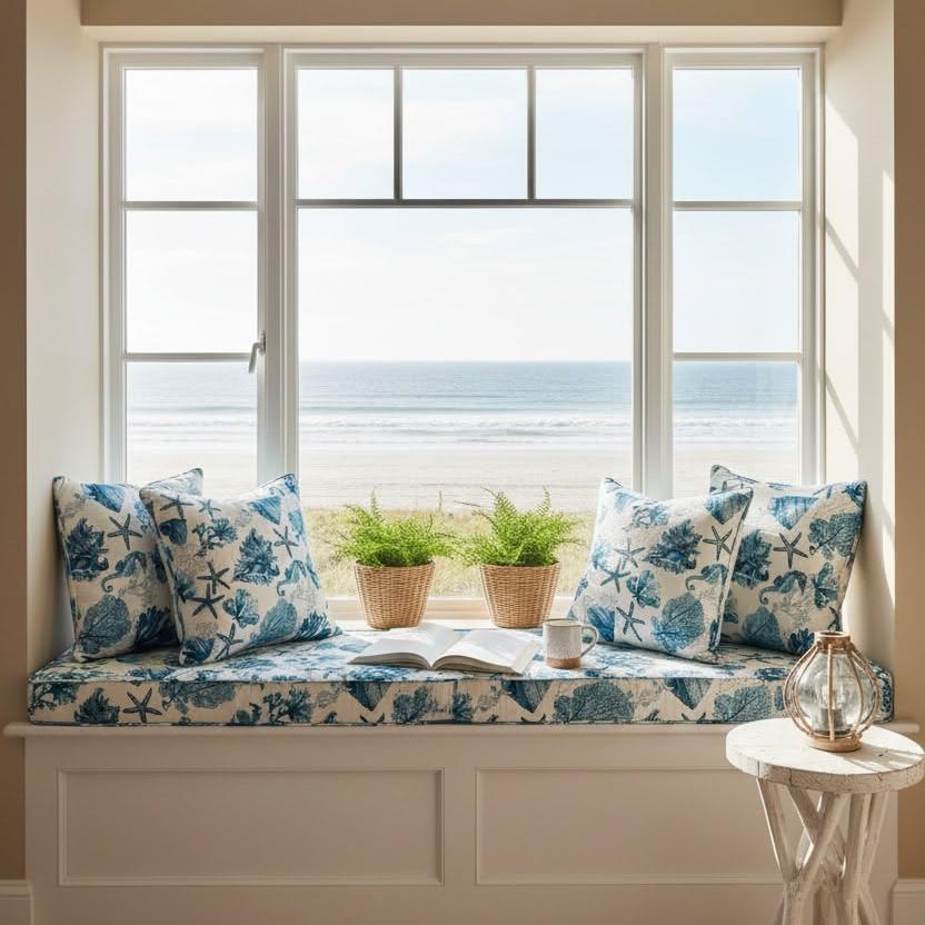 White casement windows and fixed panels facing the sea.
