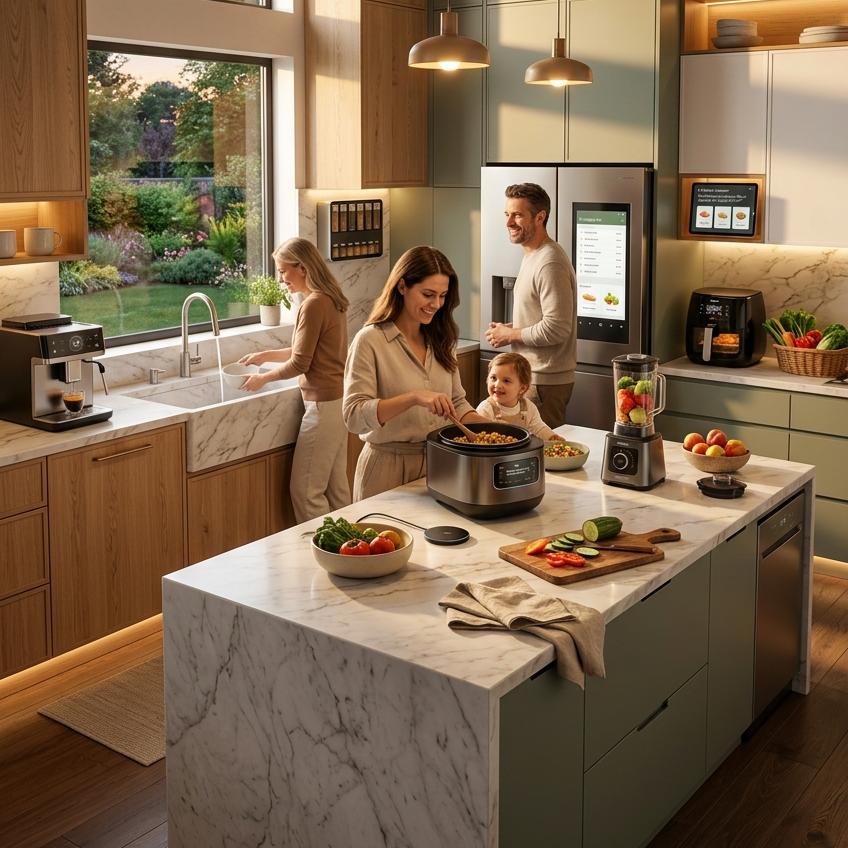 Family in a modern kitchen with contemporary kitchen cabinet design
