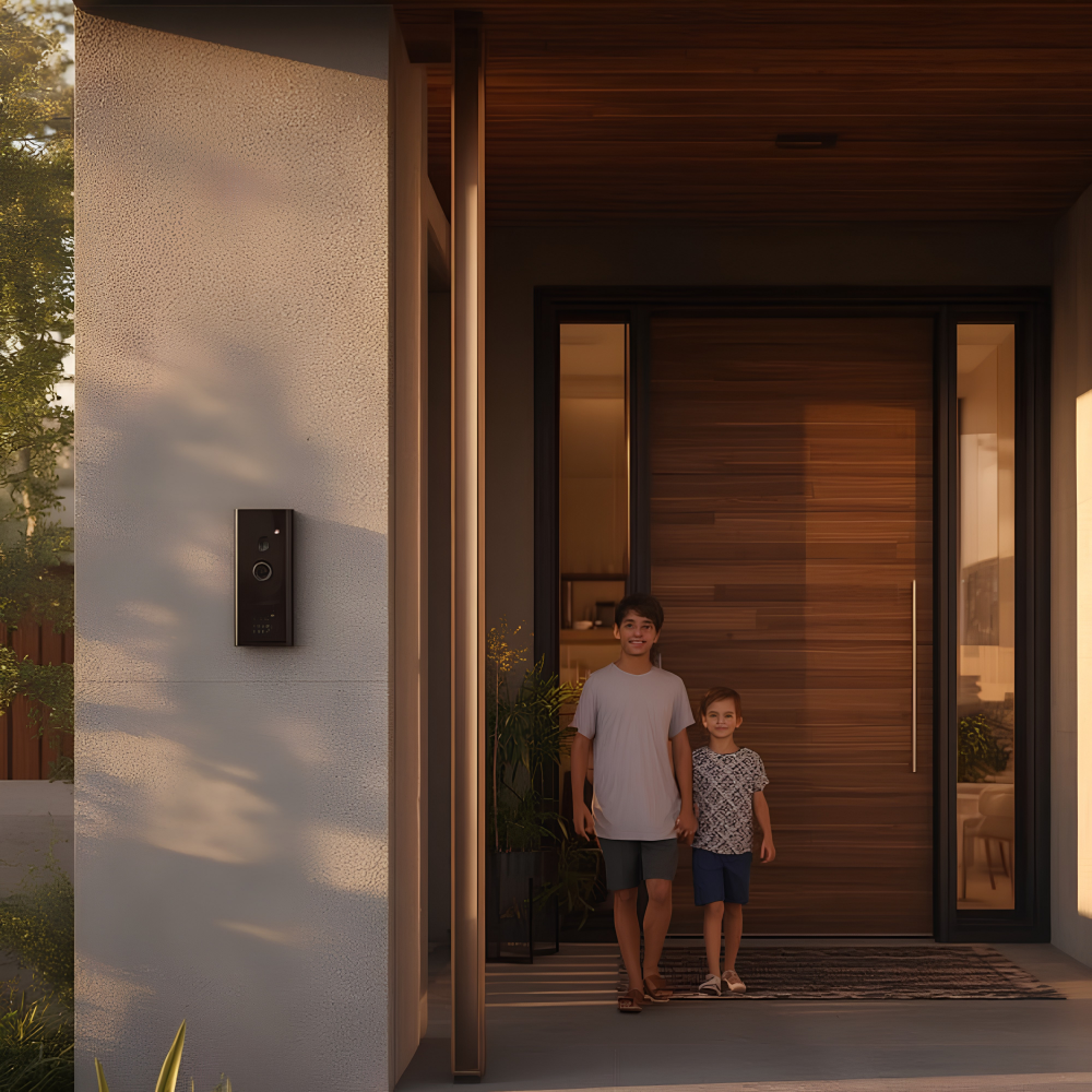 Two children are standing in front of the glass and wood entrance door.