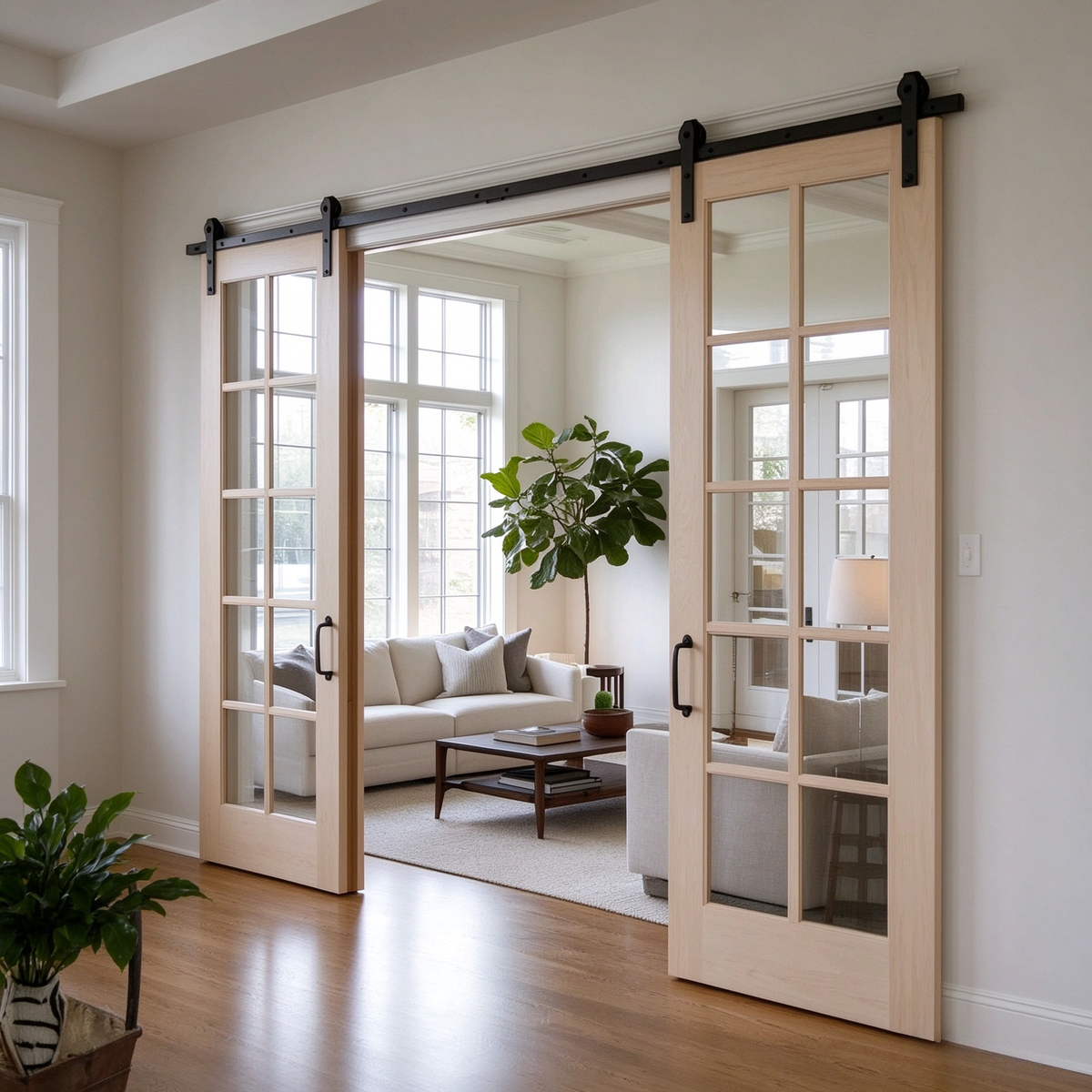 Double Glass-Paneled Barn Door – Modern Style, Custom Made