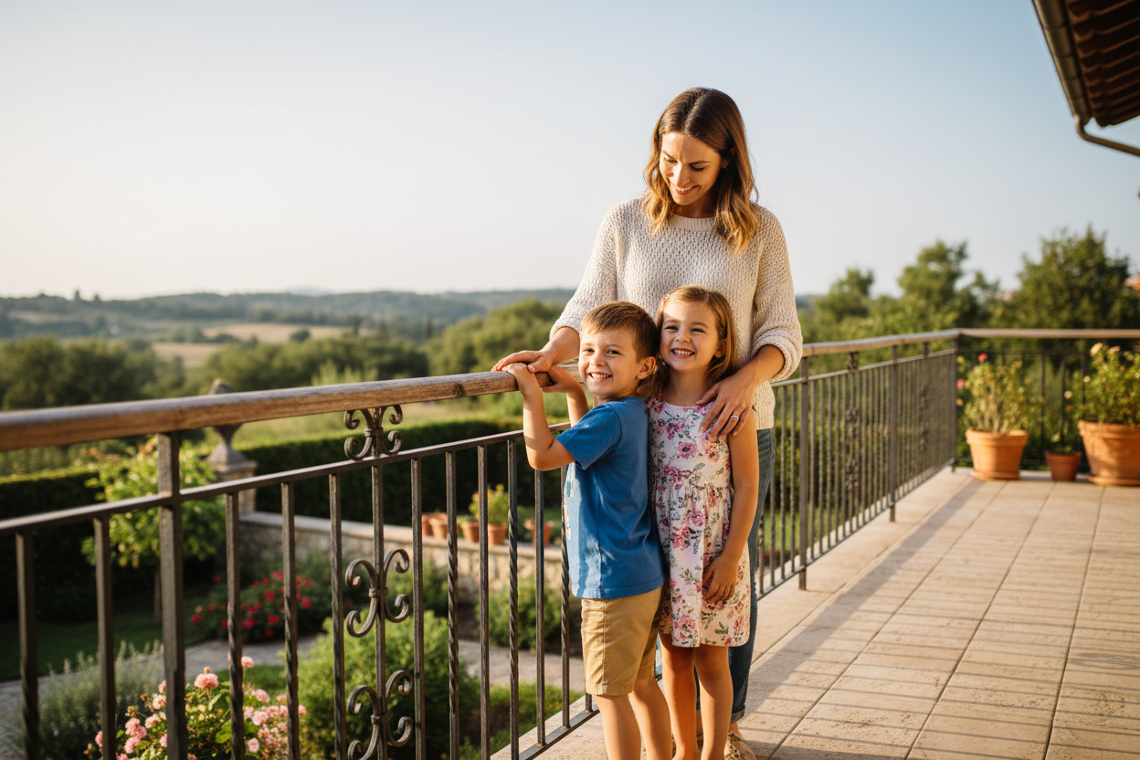 2 kids and their mom are playing beside the balcony's railing, feel safe
