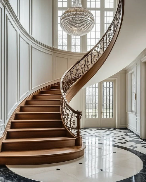 Classical Curved Staircase Architecture with Ornate Balustrades