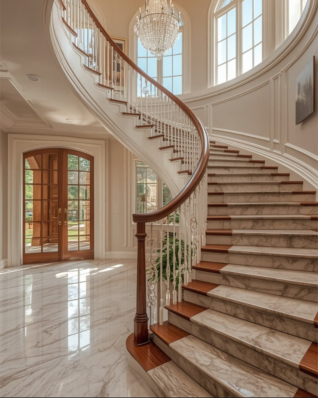 Classical Curved Staircase Architecture with Ornate Balustrades