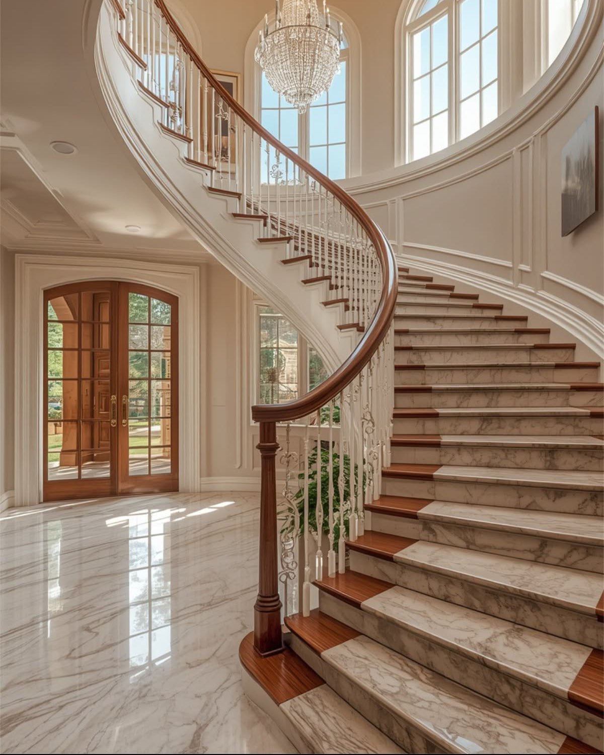 Classical Curved Staircase Architecture with Ornate Balustrades