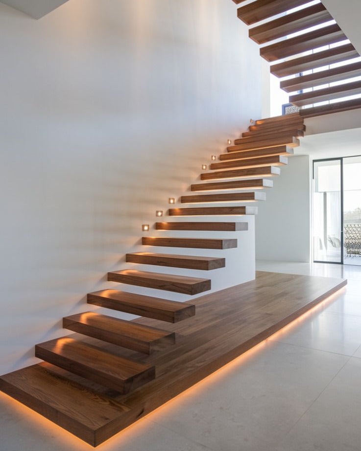 Modern Solid Wooden Invisible Mono Stringer Floating Staircase