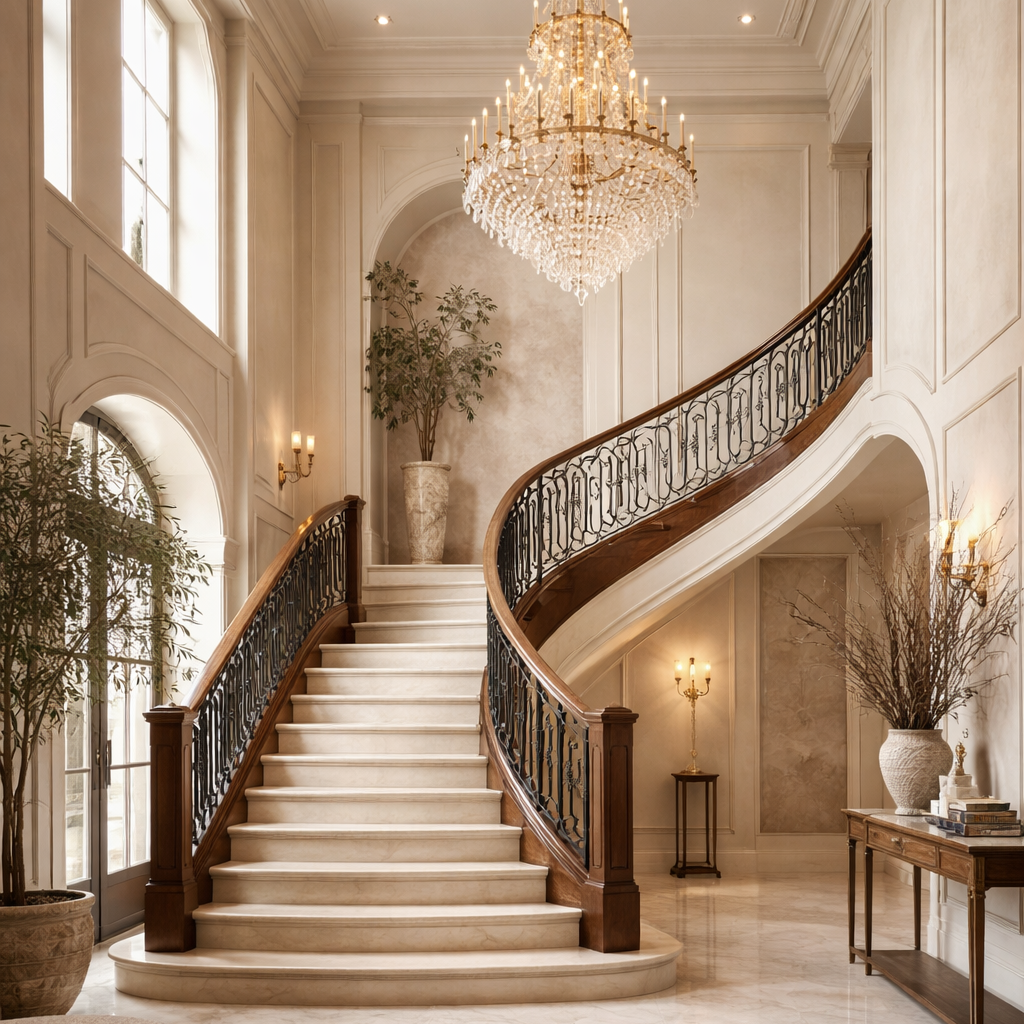 Classical Curved Staircase Architecture with Ornate Balustrades