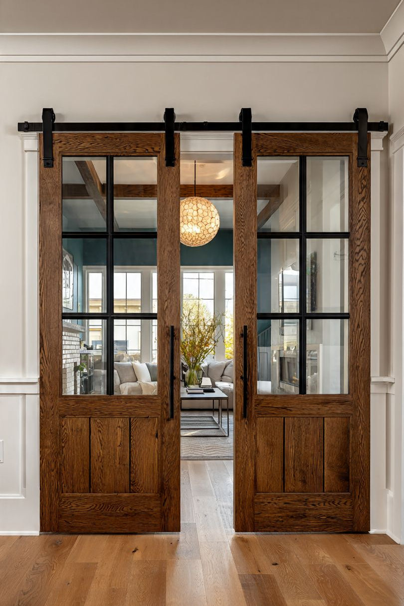 Double Glass-Paneled Barn Door – Modern Style, Custom Made