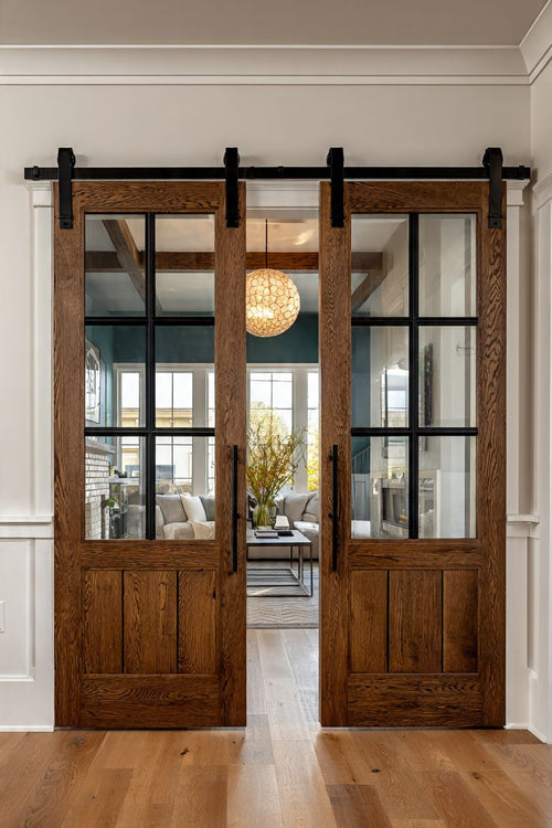 Double Glass-Paneled Barn Door – Modern Style, Custom Made