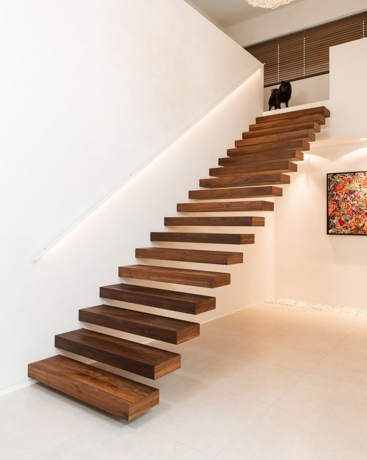 Modern Solid Wooden Invisible Mono Stringer Floating Staircase