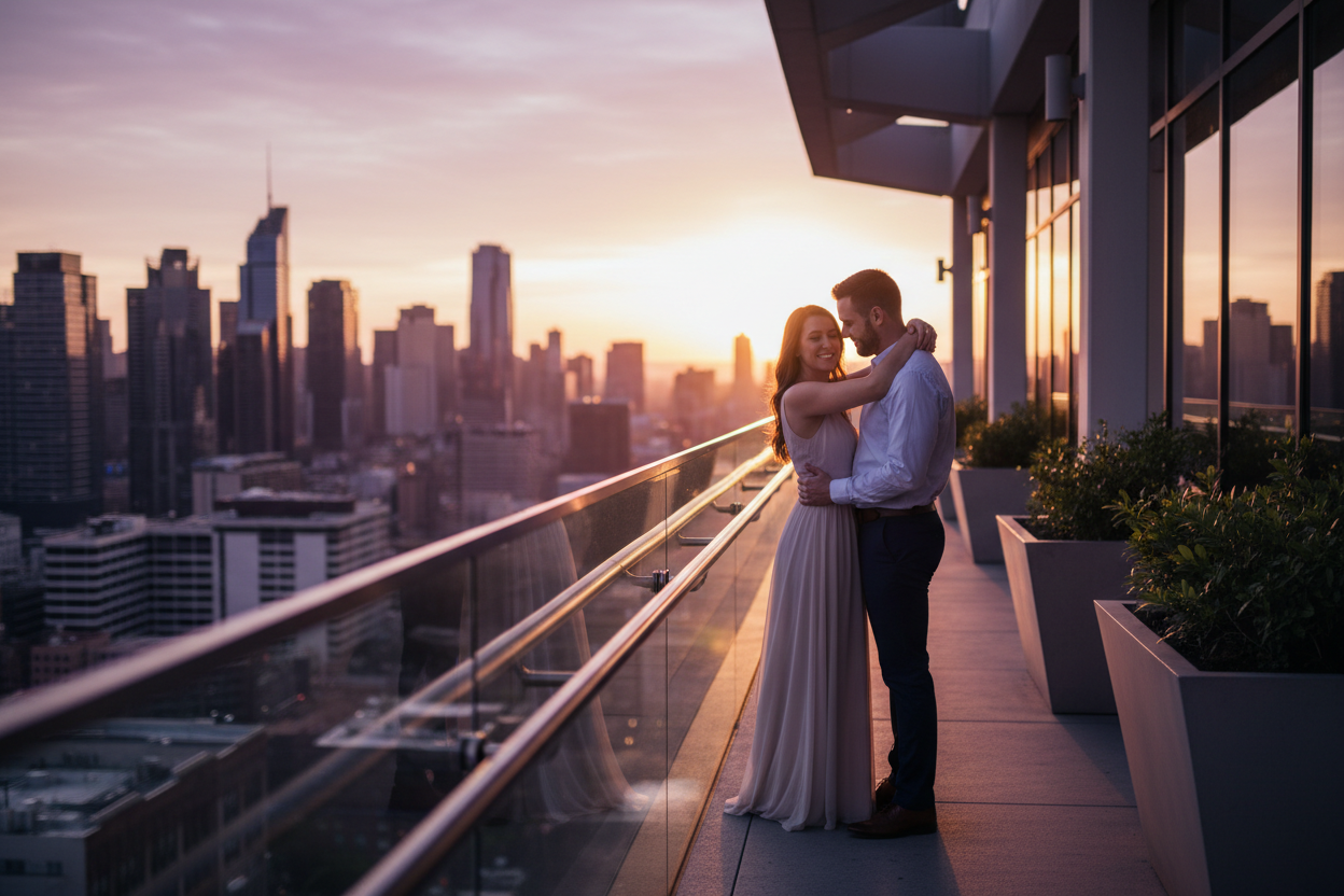 a couple are hugging beside the glass railing