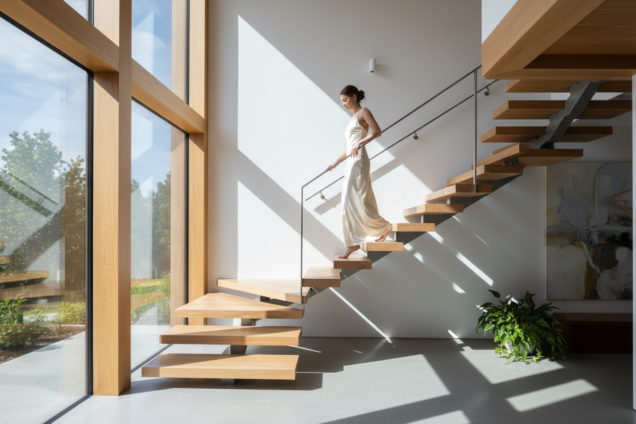  a girl coming down from a floating staircase in her house