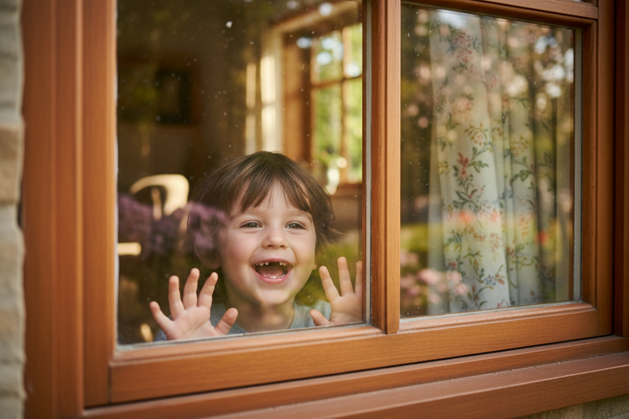 A kid is smiling and looking out from house' s window