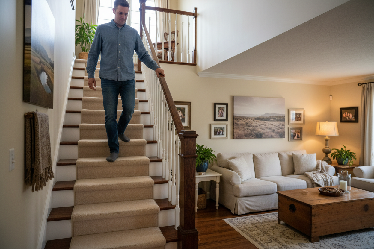 A man is walking on  the straight stair in his house.