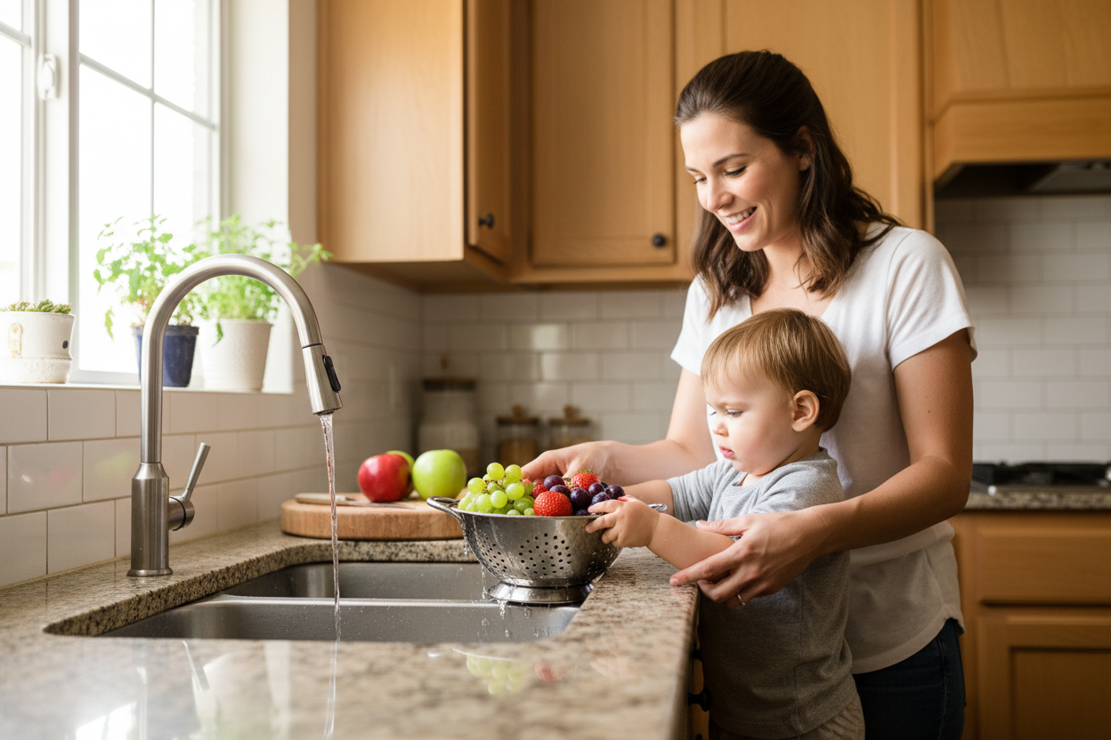 a woman and her kid are washing fruits in kitchen