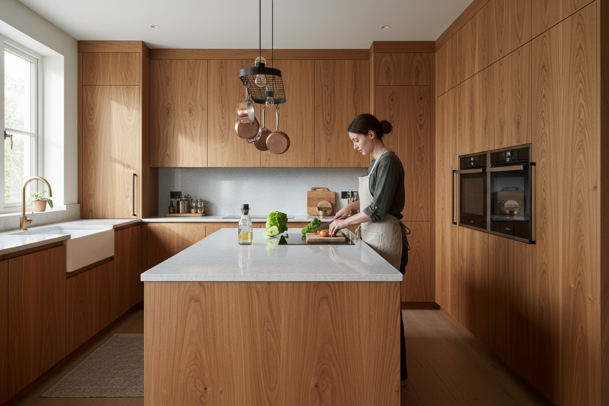 A woman is cooking by solid wood kitchen cabinet