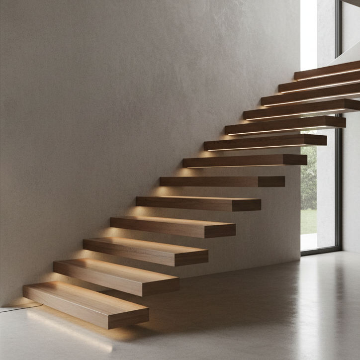Elegant Floating Staircase with LED light line on Treads
