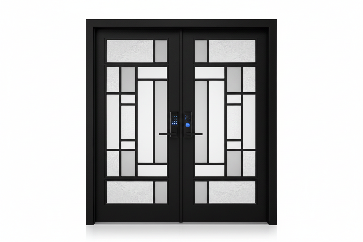 Metal Steel Aluminium Keyless Front Entry with Glass Windows Double Single Leaf Grand Black coated Exterior Door