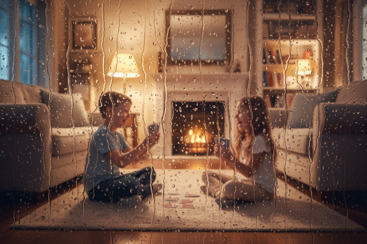 The view is from outside window, rainning heavily outside, while 2 kids are playing cards in the room, safe and smiling